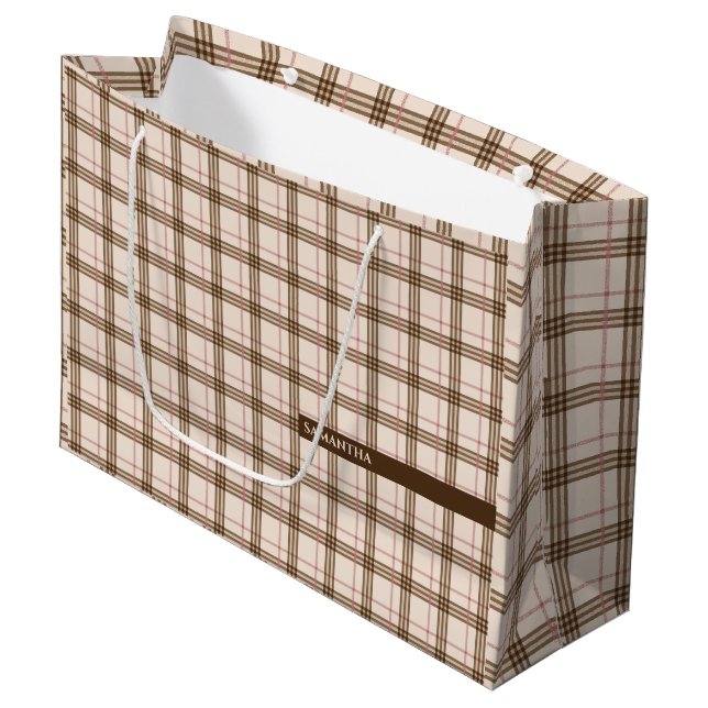 Grand Sac Cadeau écossais plaid motif écossais tartan brun beige ro (Devant Angle)