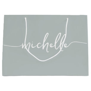 Grand Sac Cadeau Écriture de nom de monogramme vert sauge élégant