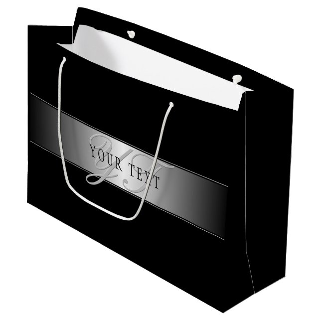 Grand Sac Cadeau Écriture élégante de monogramme modifiable | Noir (Devant Angle)