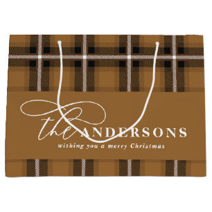 Grand Sac Cadeau Ecriture or moutarde plaid tartan rustique Noël