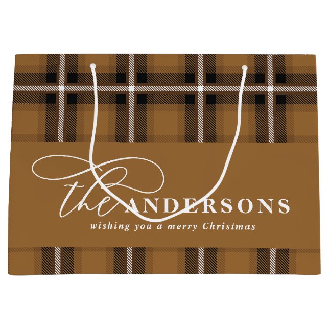 Grand Sac Cadeau Ecriture or moutarde plaid tartan rustique Noël (Devant)