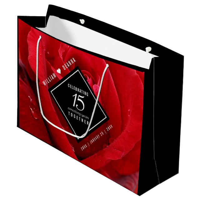 Grand Sac Cadeau Élégant 15e anniversaire de Mariage Rose (Devant Angle)