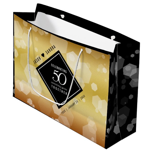 Grand Sac Cadeau Élégant 50e anniversaire de Mariage d'or (Devant Angle)
