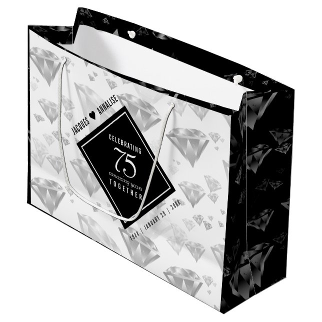 Grand Sac Cadeau Élégant 75e anniversaire de Mariage de diamant (Devant Angle)
