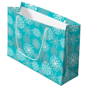 Grand Sac Cadeau Elégant Aqua White Gold Winter Flocon de neige Noë