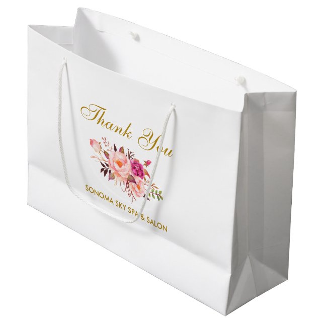 Grand Sac Cadeau Elégant Aquarelle rose Floral Merci or (Devant Angle)
