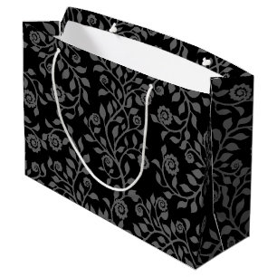 Grand Sac Cadeau Élégant Arabesques Floraux Motif Black Grey