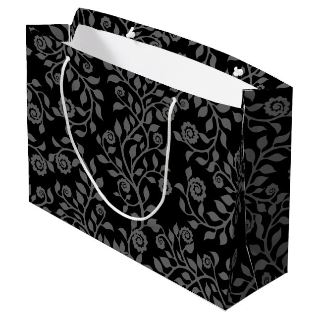 Grand Sac Cadeau Élégant Arabesques Floraux Motif Black Grey (Dos Angle)