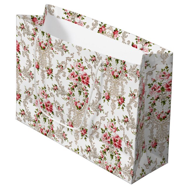 Grand Sac Cadeau Élégant Arrière - plan Floral-Blanc Rococo (Devant Angle)