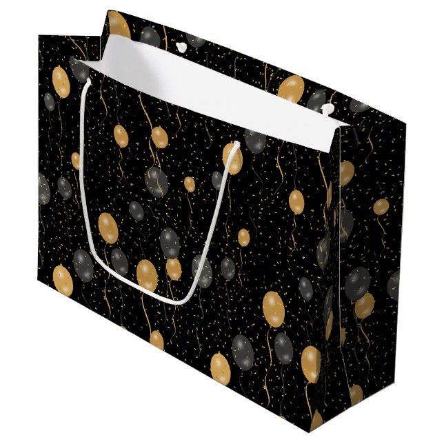 Grand Sac Cadeau Élégant Ballons Noir & Or (Devant Angle)
