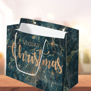 Grand Sac Cadeau Elégant Black Gold Marble Effet Joyeux Noël