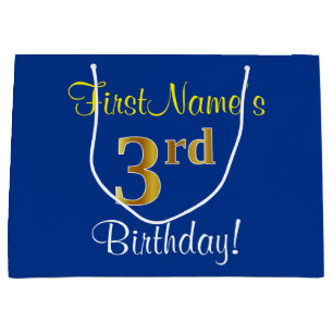 Grand Sac Cadeau Élégant, bleu, anniversaire d'or de Faux 3ème ;