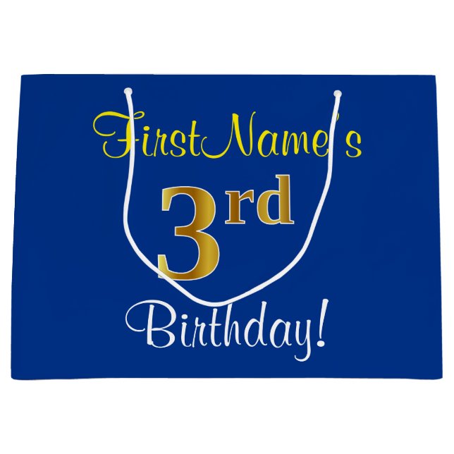 Grand Sac Cadeau Elégant, Bleu, Faux Gold 3ème anniversaire; Nom pe (Devant)