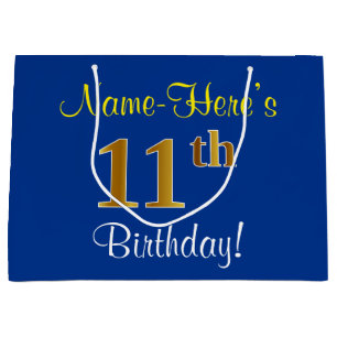 Grand Sac Cadeau Elégant, Bleu, Faux Or 11ème Anniversaire + Nom