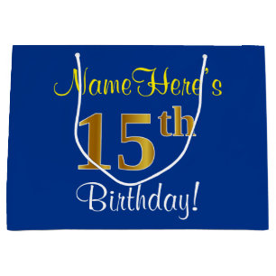 Grand Sac Cadeau Elégant, Bleu, Faux Or 15ème Anniversaire + Nom