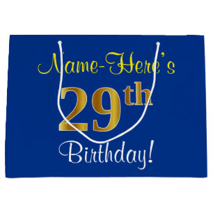 Grand Sac Cadeau Elégant, Bleu, Faux Or 29ème Anniversaire + Nom