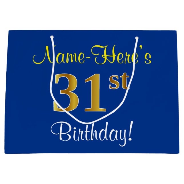 Grand Sac Cadeau Elégant, Bleu, Faux Or 31ème Anniversaire + Nom (Devant)
