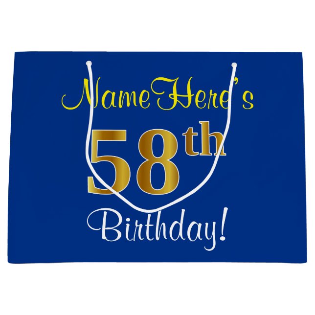Grand Sac Cadeau Elégant, Bleu, Faux Or 58ème Anniversaire + Nom (Devant)