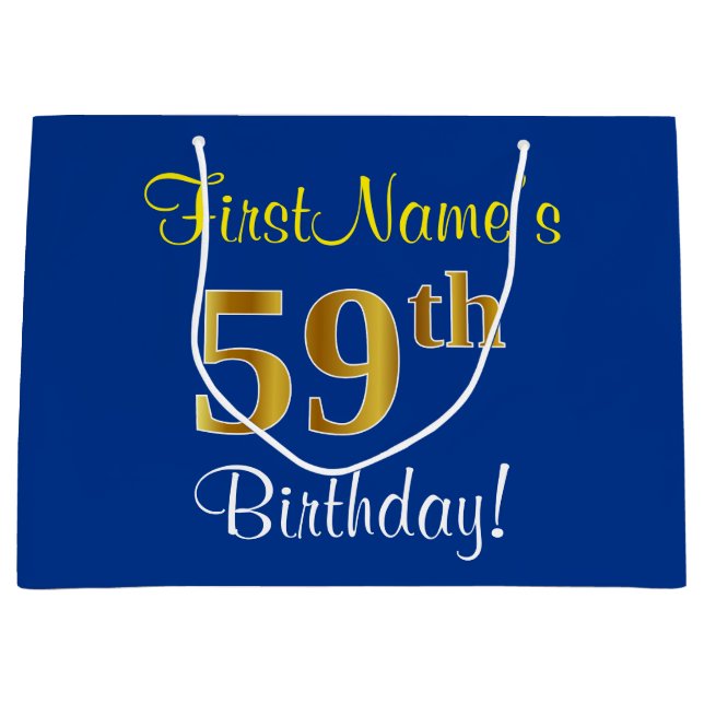 Grand Sac Cadeau Elégant, Bleu, Faux Or 59ème Anniversaire + Nom (Devant)