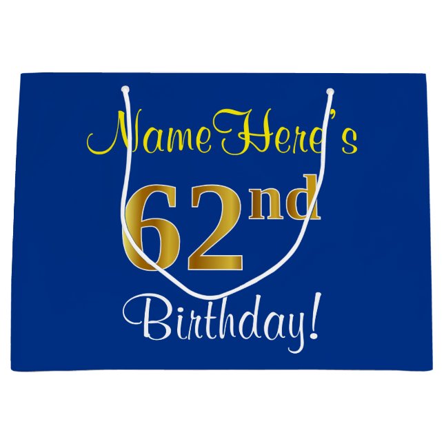 Grand Sac Cadeau Elégant, Bleu, Faux Or 62ème Anniversaire + Nom (Devant)