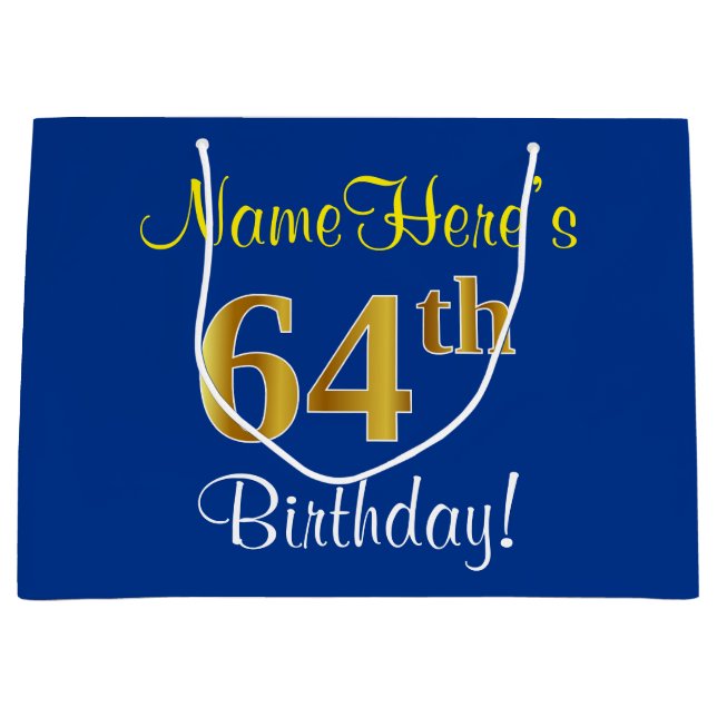 Grand Sac Cadeau Elégant, Bleu, Faux Or 64ème Anniversaire + Nom (Devant)
