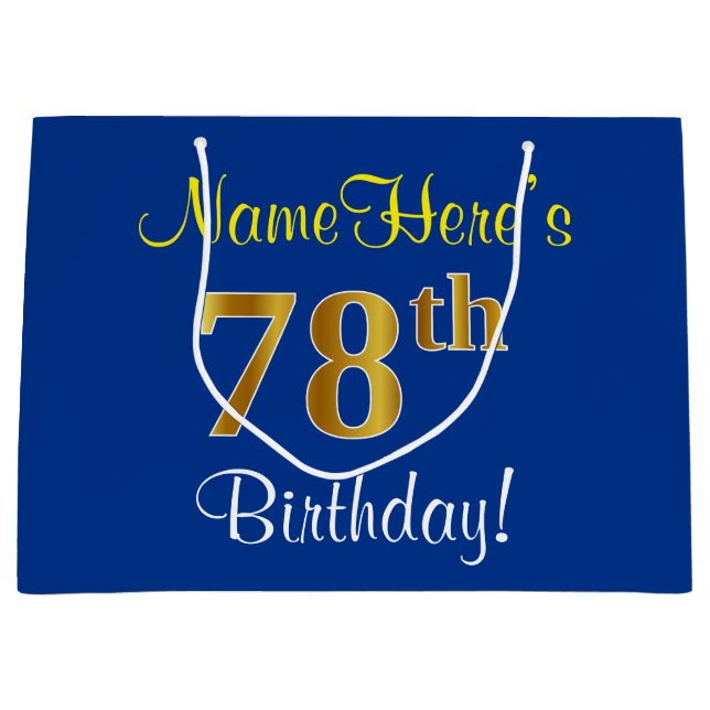 Grand Sac Cadeau Elégant, Bleu, Faux Or 78ème Anniversaire + Nom (Devant)
