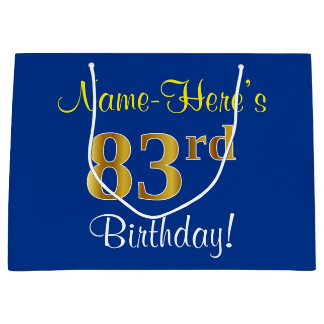 Grand Sac Cadeau Elégant, Bleu, Faux Or 83ème Anniversaire + Nom (Devant)