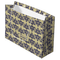 Élégant Bleu Nuit Jaune Damassé Vintage Monogramme