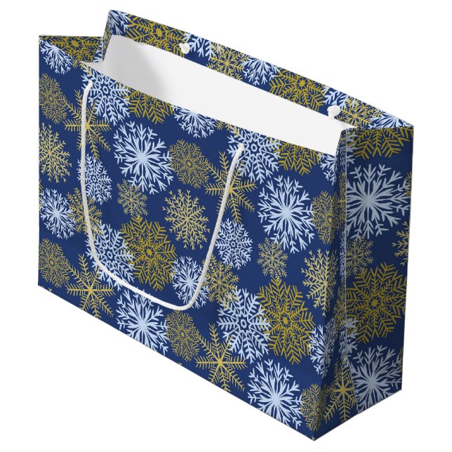 Grand Sac Cadeau Élégant Blue Gold Snowflakes Noël (Devant Angle)