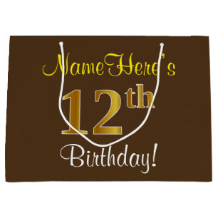 Grand Sac Cadeau Elégant, Brown, Faux Gold 12ème anniversaire + Nom