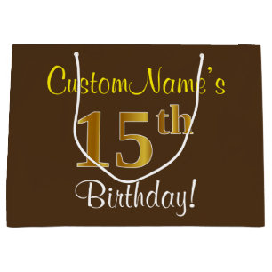 Grand Sac Cadeau Elégant, Brown, Faux Gold 15ème anniversaire + Nom