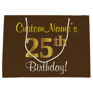 Grand Sac Cadeau Elégant, Brown, Faux Gold 25e anniversaire + Nom