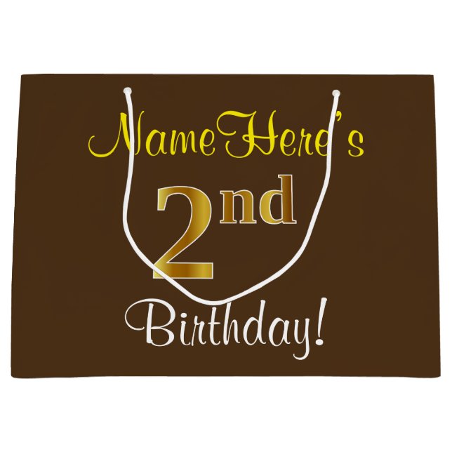 Grand Sac Cadeau Élégant, Brown, Faux Gold 2e anniversaire + nom (Devant)