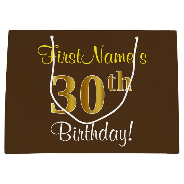 Grand Sac Cadeau Elégant, Brown, Faux Gold 30e anniversaire + Nom (Devant)