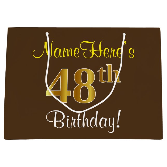 Grand Sac Cadeau Elégant, Brown, Faux Gold 48ème anniversaire + Nom (Devant)