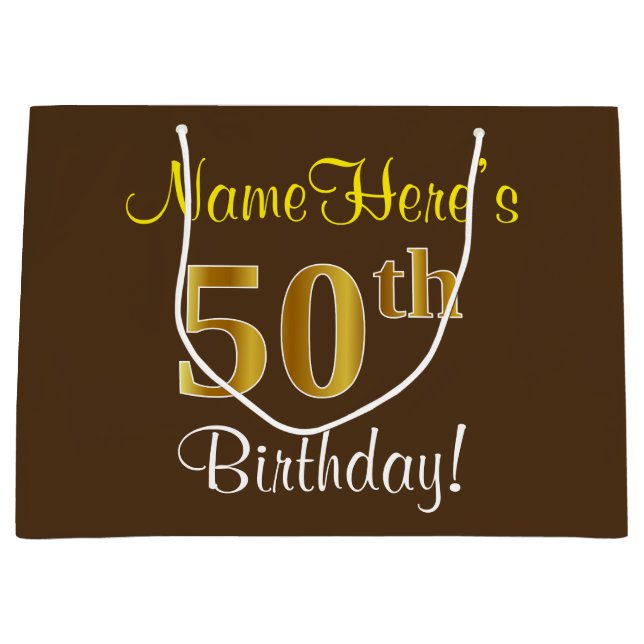 Grand Sac Cadeau Elégant, Brown, Faux Gold 50e anniversaire + Nom (Devant)