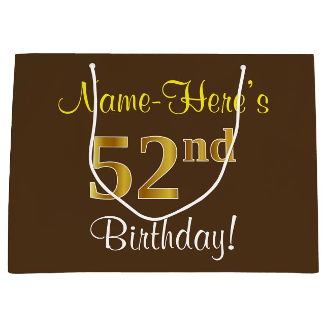 Grand Sac Cadeau Elégant, Brown, Faux Gold 52e anniversaire + Nom (Devant)