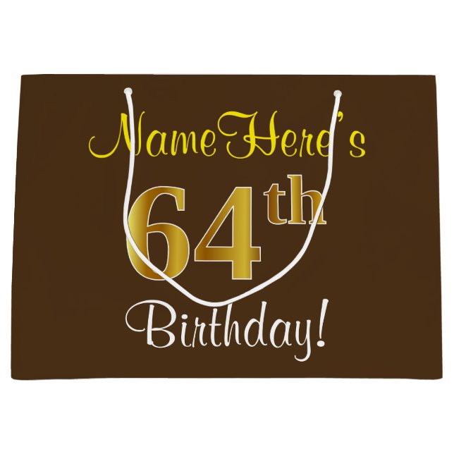 Grand Sac Cadeau Elégant, Brown, Faux Gold 64ème anniversaire + Nom (Devant)