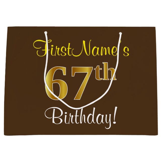 Grand Sac Cadeau Elégant, Brown, Faux Gold 67ème anniversaire + Nom (Devant)