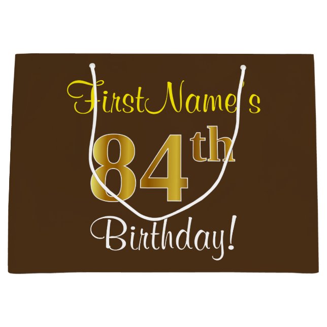Grand Sac Cadeau Elégant, Brown, Faux Gold 84ème anniversaire + Nom (Devant)