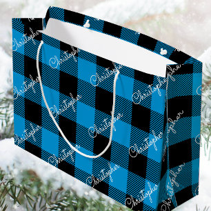 Grand Sac Cadeau Élégant Buffalo Plaid Nom personnalisé Script bleu