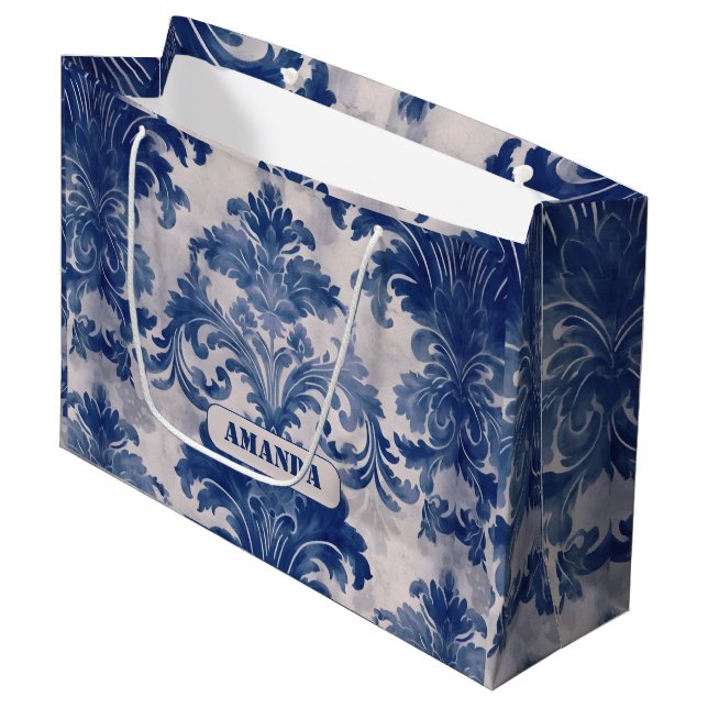 Grand Sac Cadeau Élégant damassé Bleu toile de jouy monogramme (Devant Angle)