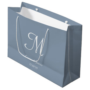 Grand Sac Cadeau Elégant Dusty Blue & White Monogramme Nom
