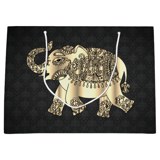 Grand Sac Cadeau Elégant Eléphant Floral Paisley Or, Damas Noir (Devant)