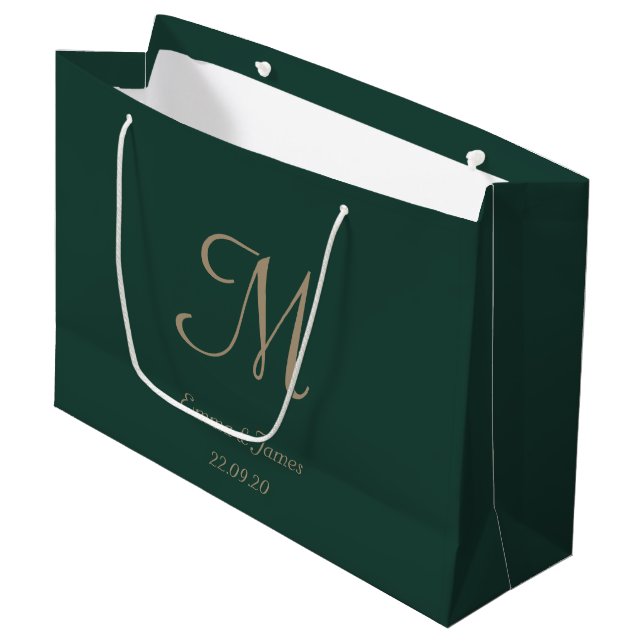Grand Sac Cadeau Élégant Emerald Green Gold Monogramme Nom Mariage (Devant Angle)