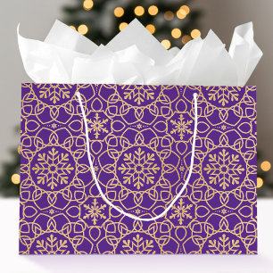 Grand Sac Cadeau Élégant flocon de neige de Noël Faux Gold Purple