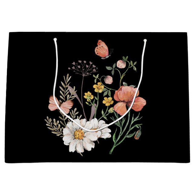 Grand Sac Cadeau Élégant floral noir (Devant)