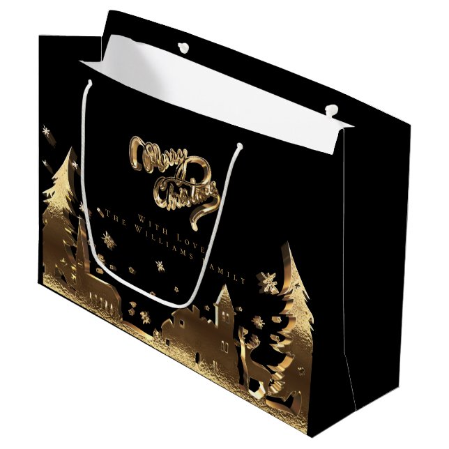 Grand Sac Cadeau Elégant Gold Look Joyeux Village de Noël (Devant Angle)