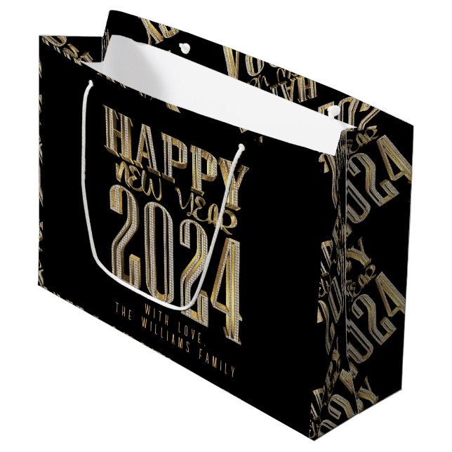 Grand Sac Cadeau Élégant Gold Look Script Black Happy New Year 2024 (Devant Angle)
