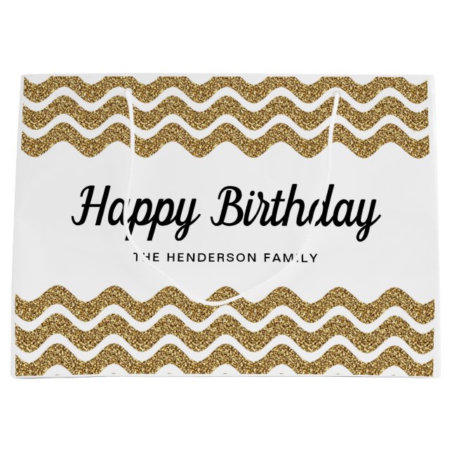 Grand Sac Cadeau Elégant Gold Stripes Joyeux Anniversaire (Devant)